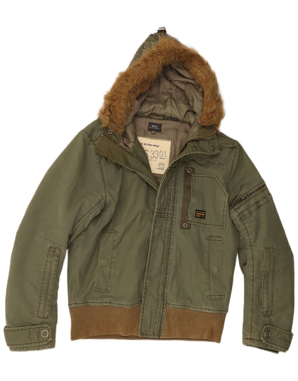 G-Star Herre Hooded Bomber Jacket UK 40 Large Khaki Cotton