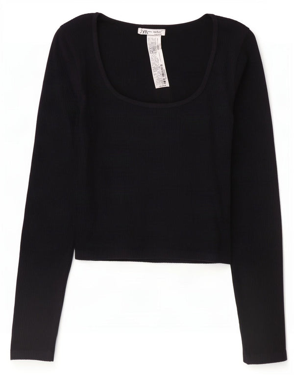 Zara Womens Crop Top Langærmet UK 12 Medium Sort Polyamid