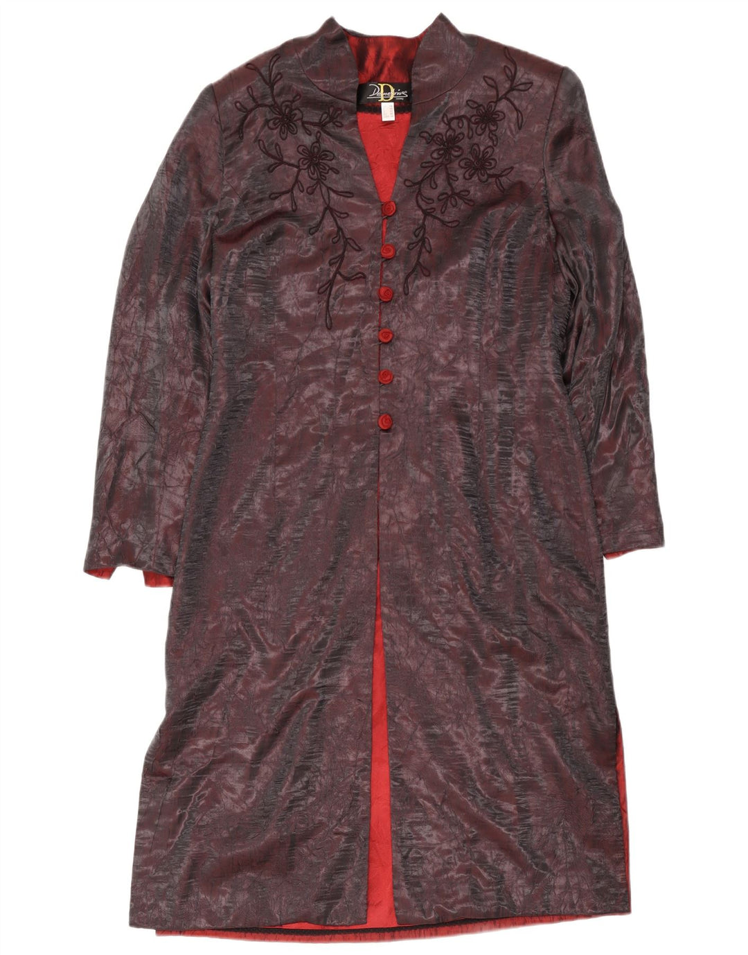 Vintage overfrakke til kvinder UK 16 Large Burgundy Floral Polyester