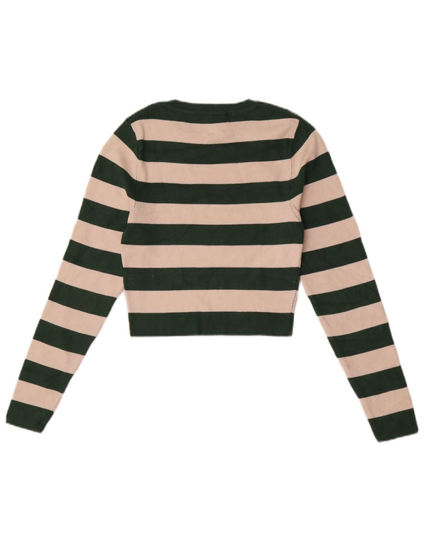 Zara Dame Crop Top Langærmet UK 12 Medium Grøn Stribet Viscose