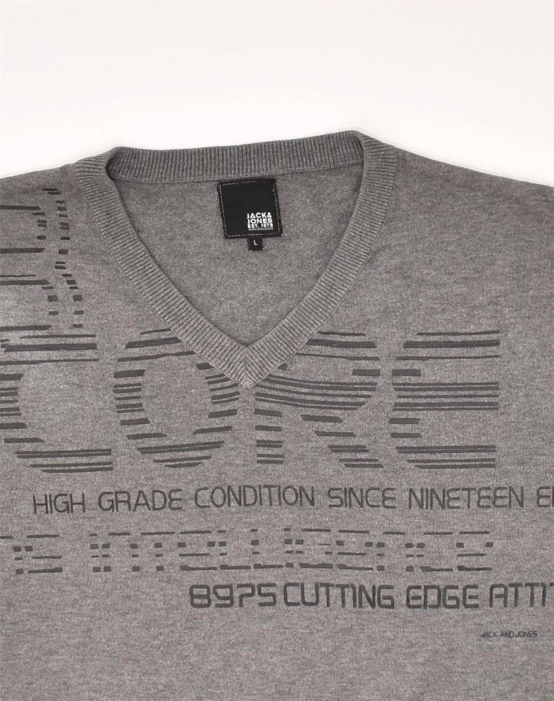 JACK & JONES Mens Graphic V-Neck Jumper Sweater Large Grey | Vintage Jack & Jones | Thrift | Second-Hand Jack & Jones | Used Clothing | Messina Hembry 