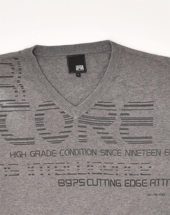 JACK & JONES Mens Graphic V-Neck Jumper Sweater Large Grey | Vintage Jack & Jones | Thrift | Second-Hand Jack & Jones | Used Clothing | Messina Hembry 