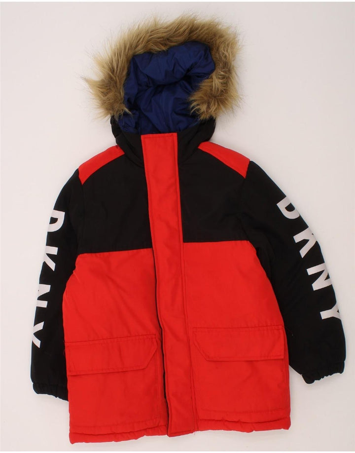 DKNY Boys Graphic Hooded Padded Jacket 5-6 Years Red Colourblock Polyester Vintage Dkny and Second-Hand Dkny from Messina Hembry 