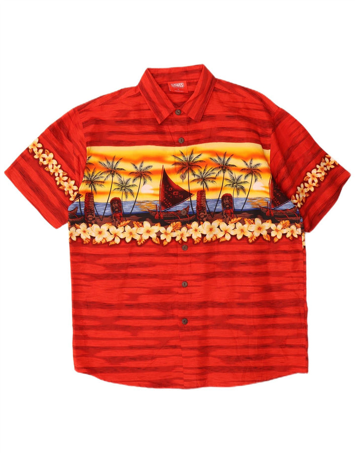 Lowes Kortærmet Herreskjorte Stor Rød Blomster Polyester Hawaiiansk