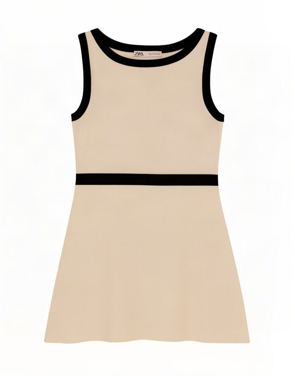 Zara Dame Ærmeløs A-Line Kjole UK 12 Medium Off White Colourblock