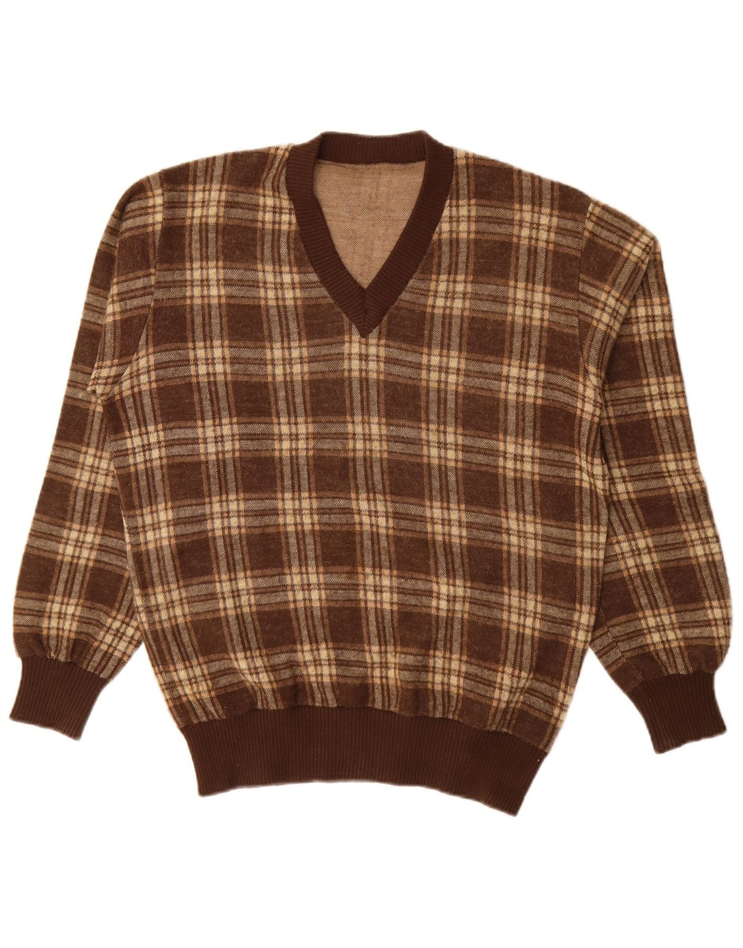 Vintage herre V-hals sweater stor brun ternet akryl