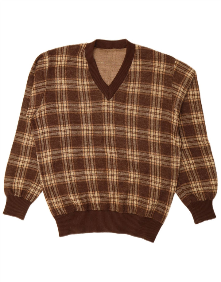 Vintage herre V-hals sweater stor brun ternet akryl