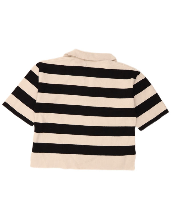 Massimo Dutti Womens Crop Oversized Polo Shirt UK 10 Small White Striped