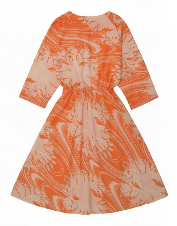 Vintage kvinders 3/4 ærmer A-line kjole UK 12 Medium Orange Floral