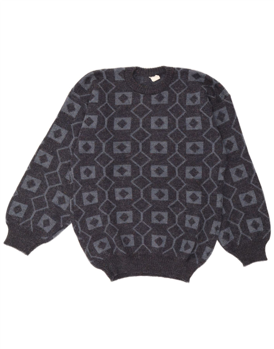 Vintage herre rund hals sweater mellemgrå geometrisk akryl