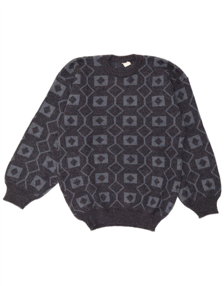 Vintage herre rund hals sweater mellemgrå geometrisk akryl
