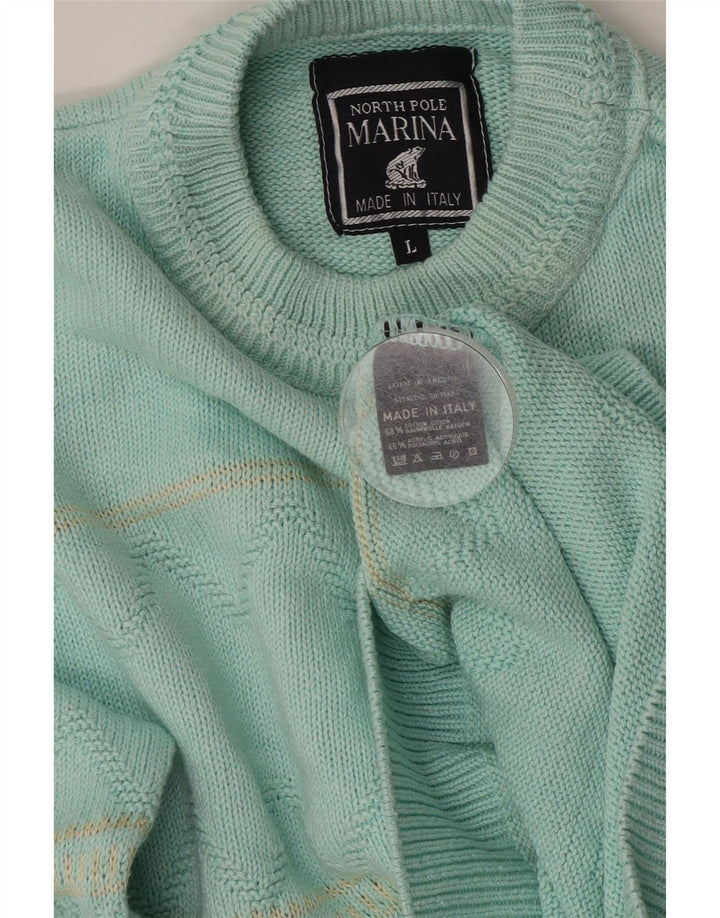 NORTH POLE Herre rund hals sweater stor turkis stribet bomuld