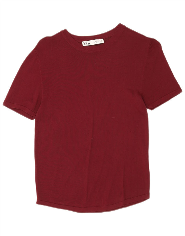 Zara T-Shirt Top UK 12 Medium Burgundy Viscose