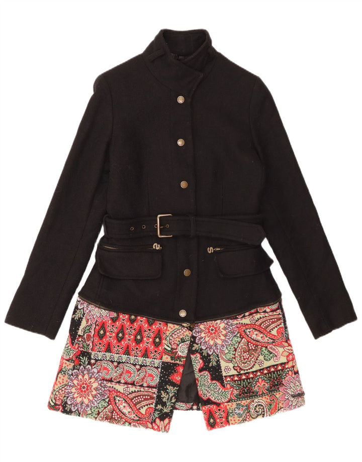 DESIGUAL Dame Overfrakke EU 36 Lille Sort Paisley Uld