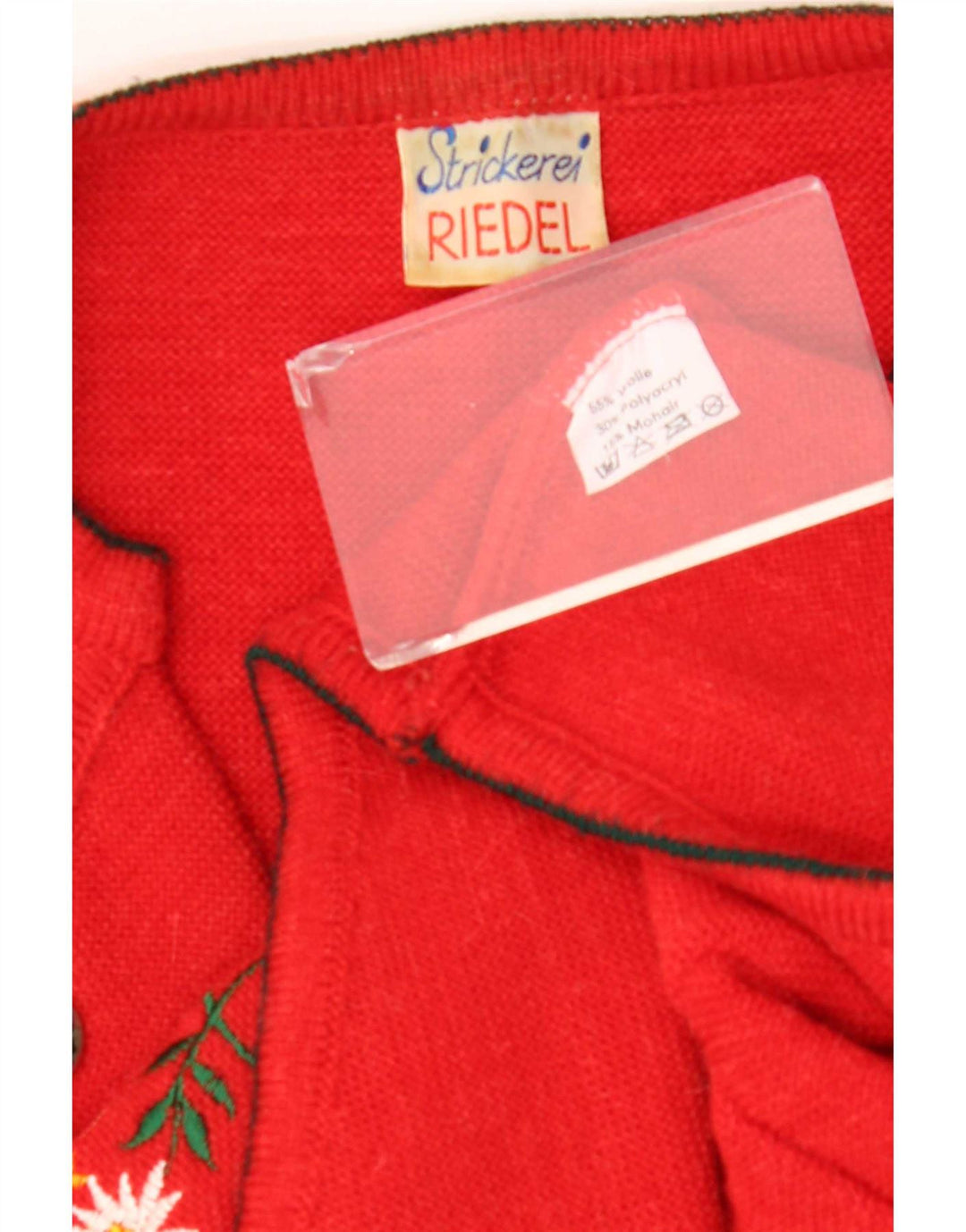 Vintage dame cardigan sweater EU 42 Stor rød blomstret uld