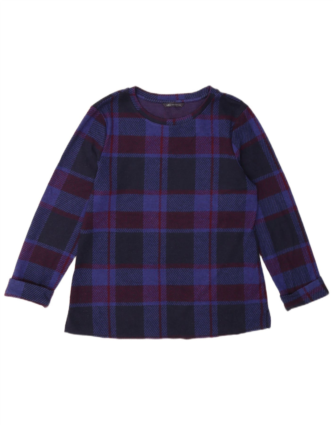 Marks & Spencer Dame Langærmet Bluse Top UK 12 Medium Navy Blue Check
