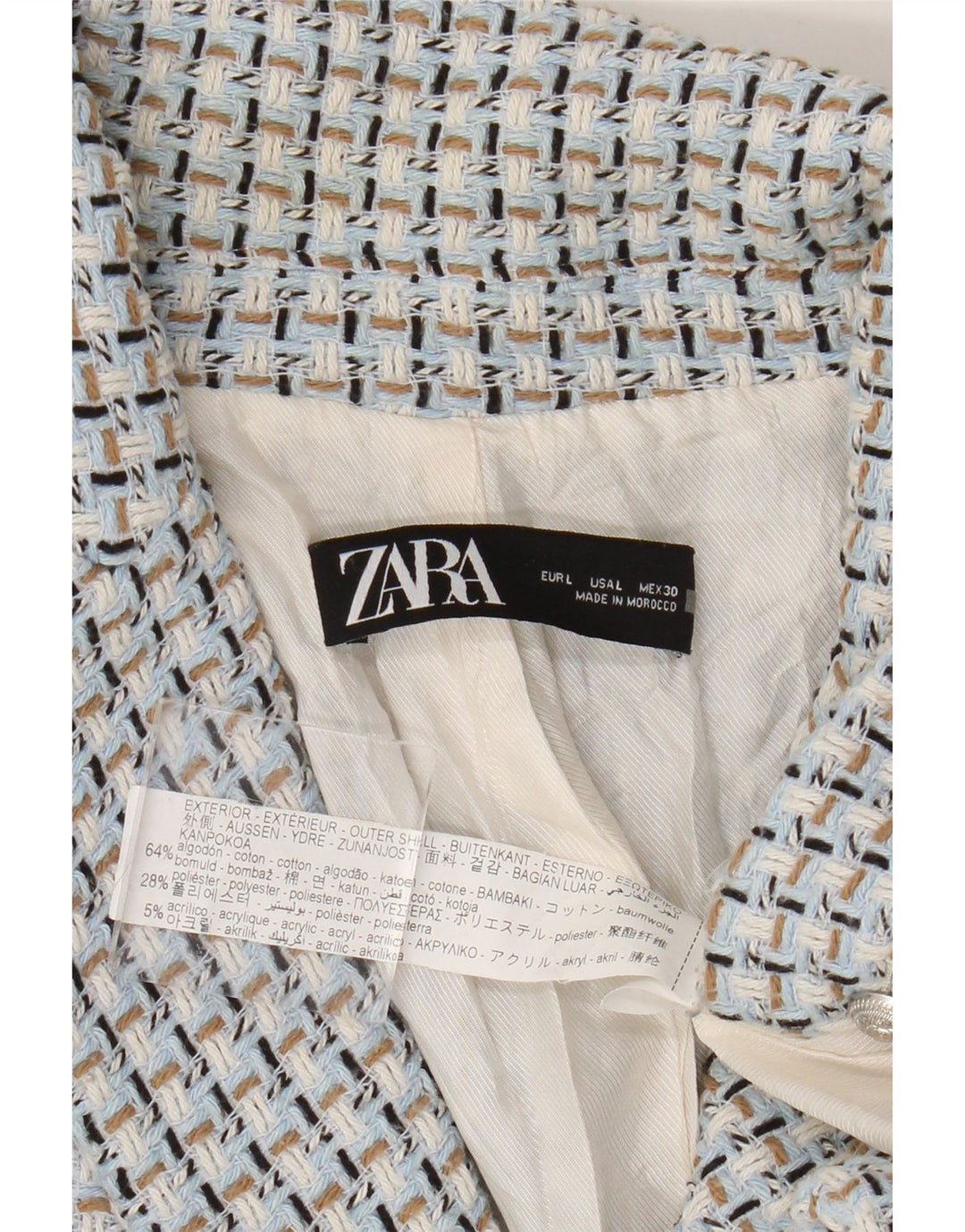 Zara Dame Dobbeltradet Blazer Jacket UK 14 Large Blue Gingham Cotton