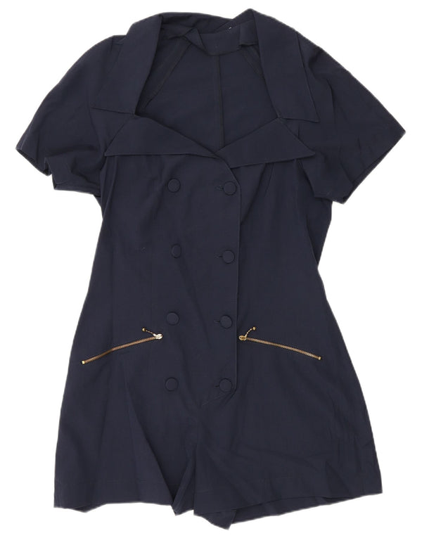 Vintage Dame Kortærmet Playsuit UK 12 Medium Navy Blue Polyester