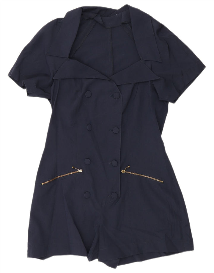 Vintage Dame Kortærmet Playsuit UK 12 Medium Navy Blue Polyester