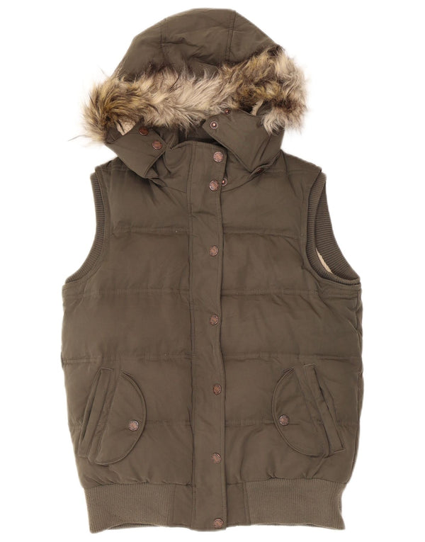 Fat Face Dame Hætte Oversized Polstret Gilet UK 10 Small Khaki Polyester