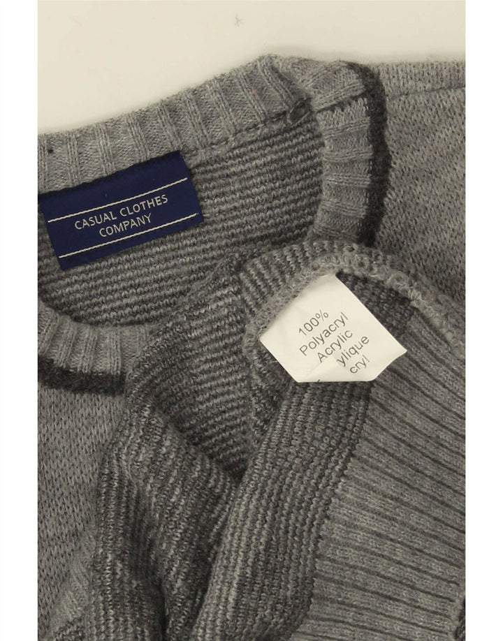 Vintage Herre grafisk rund hals sweater stor grå polyakryl