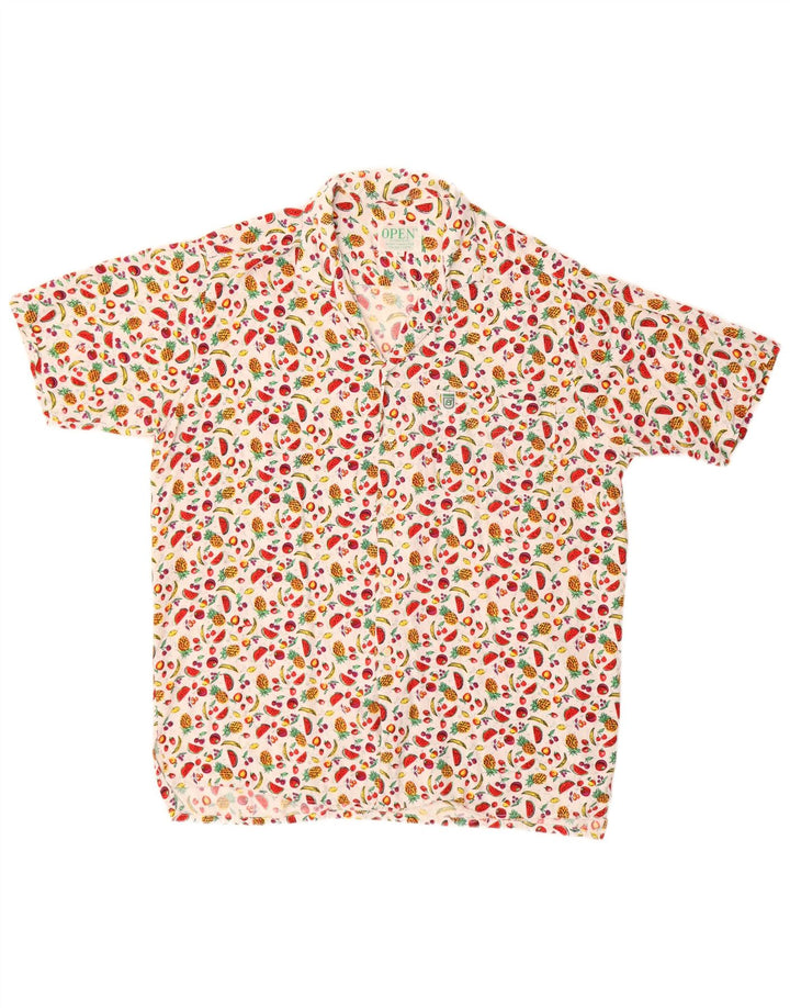 Vintage herre abstrakt mønster kortærmet skjorte stor hvid Rayon