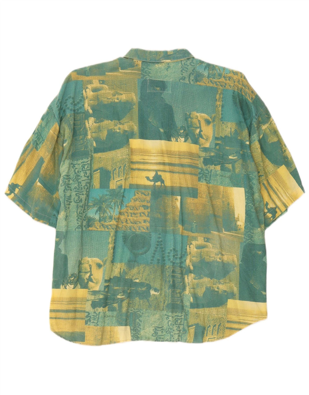 Vintage Herre grafisk kortærmet skjorte 2XL Grøn Patchwork Bomuld