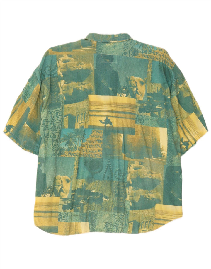 Vintage Herre grafisk kortærmet skjorte 2XL Grøn Patchwork Bomuld