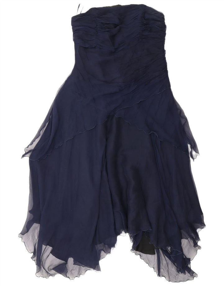 Monsoon Dame Asymmetrisk Stropløs Kjole UK 16 Large Navy Blue Silk