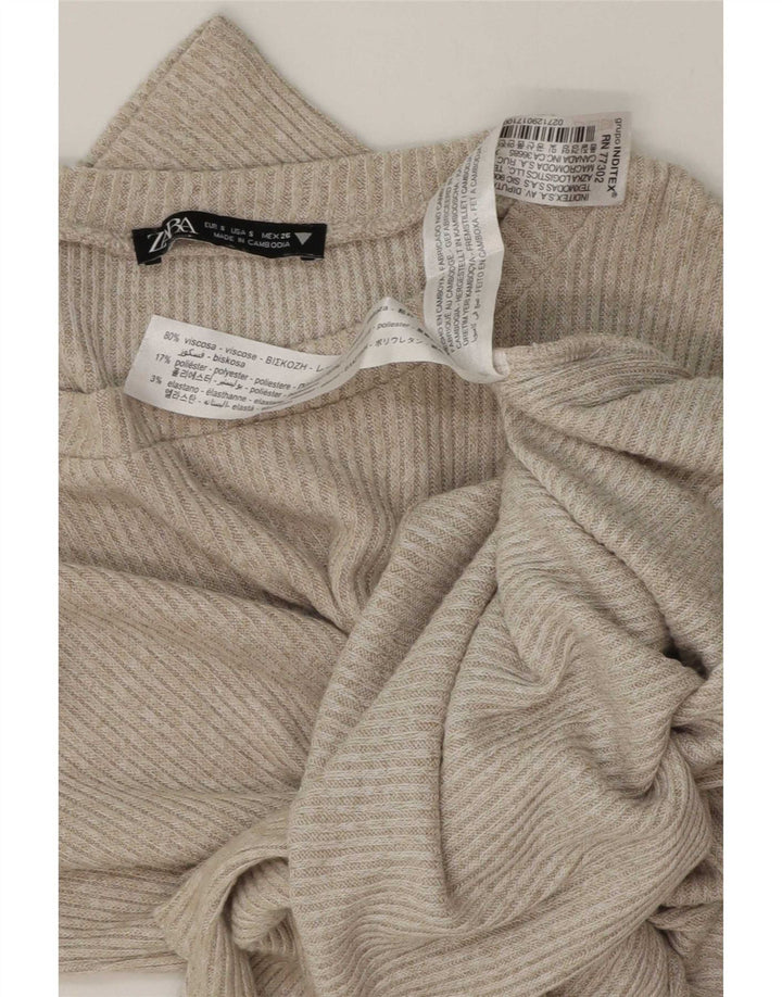 Zara Womens Front Tie Top Langærmet UK 10 Small Beige Viscose
