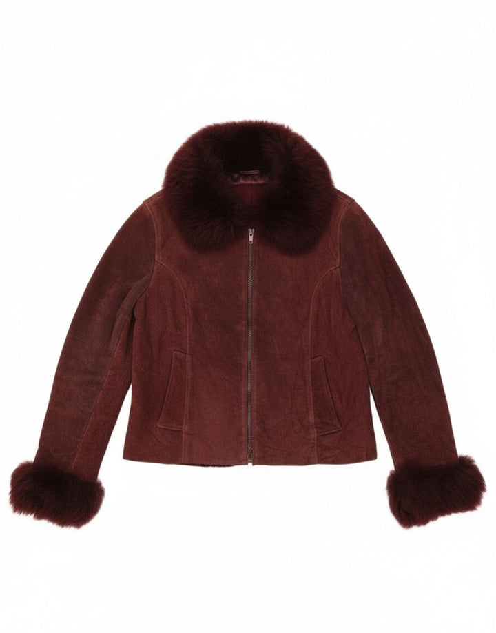 Vintage Sherpajakke til kvinder UK 10 Small Burgundy