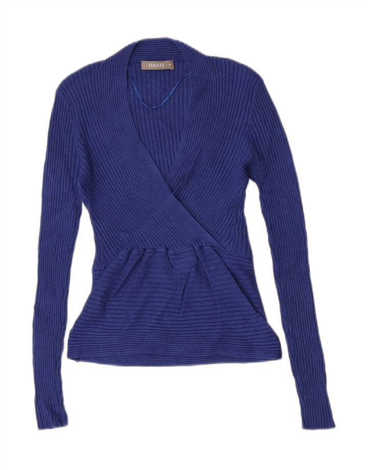Oasis Dame V-hals sweater UK 12 Medium Blue Viscose