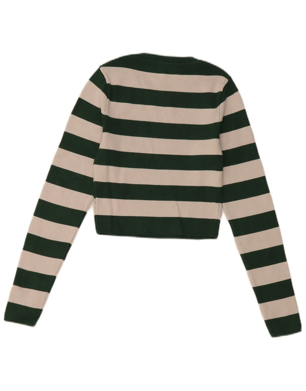 Zara Dame Crop Top Langærmet UK 8 Lille Grøn Stribet Viscose