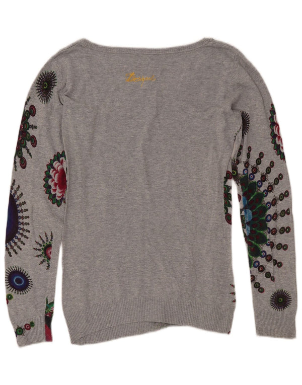 DESIGUAL Womens Graphic Boat Neck Jumper Sweater UK 16 Large Grey Floral