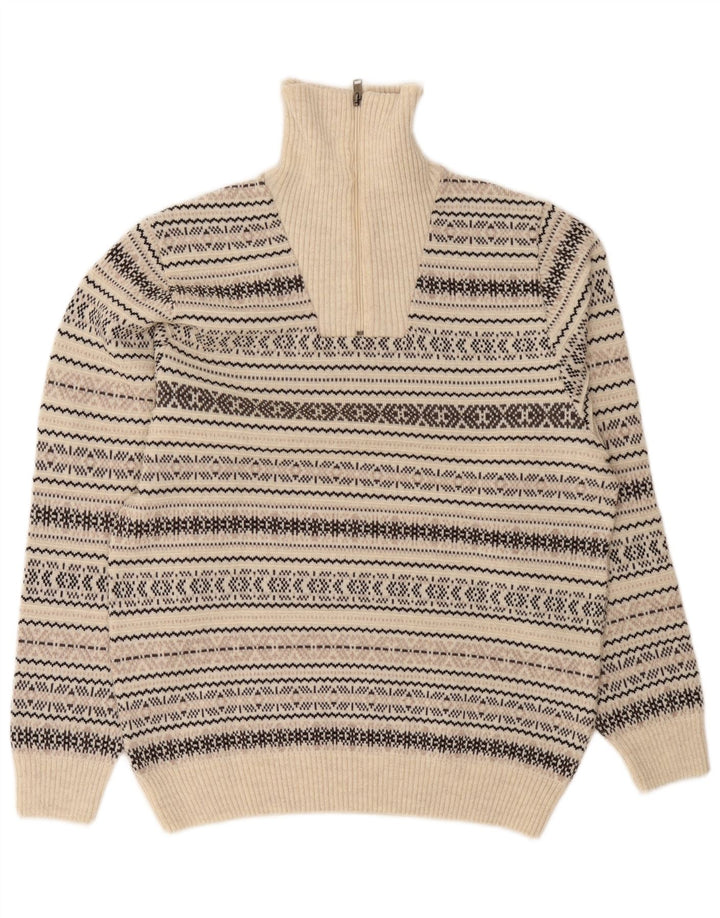 Jim Spencer Herre Zip Neck Jumper Sweater Medium Beige Fair Isle Wool