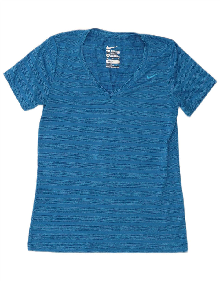 Nike Dame Dri Fit T-Shirt Top UK 12 Mellem blå stribet polyester