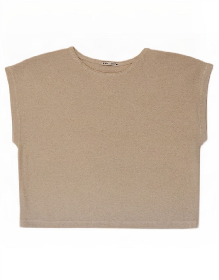 Zara Dame Bluse Top UK 16 Stor Beige Polyester