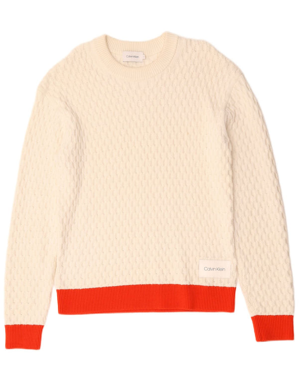 Calvin Klein Mens Crew Neck Jumper Sweater Medium White Colourblock Cotton