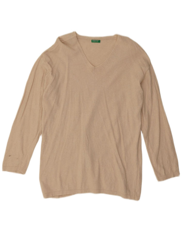 Benetton Dame V-hals sweater UK 14 Medium Beige Bomuld