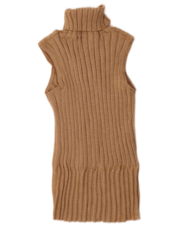 Vintage Dame Roll Neck Vest Tank Top UK 12 Medium Beige Merino Wool