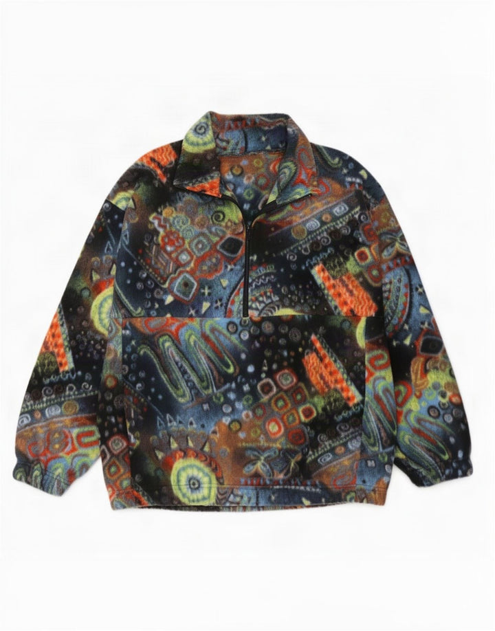 Vintage herre abstrakt mønster lynlås hals fleece jumper stor flerfarvet