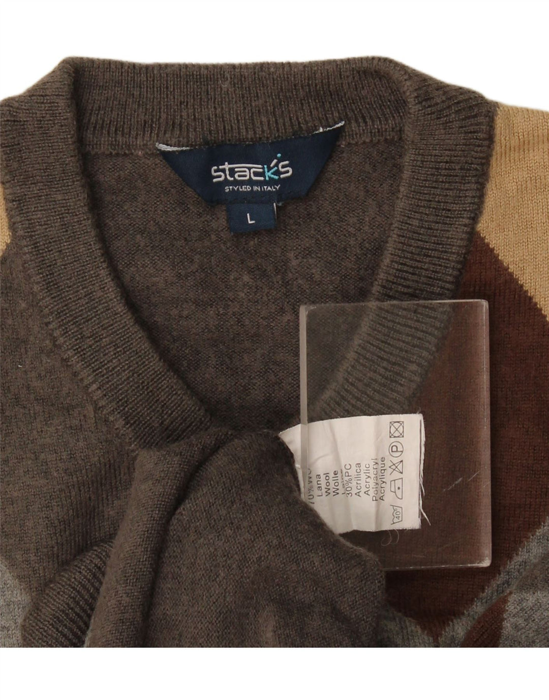 Vintage Dame V-hals sweater UK 16 Large Grey Argyle/Diamond Wool
