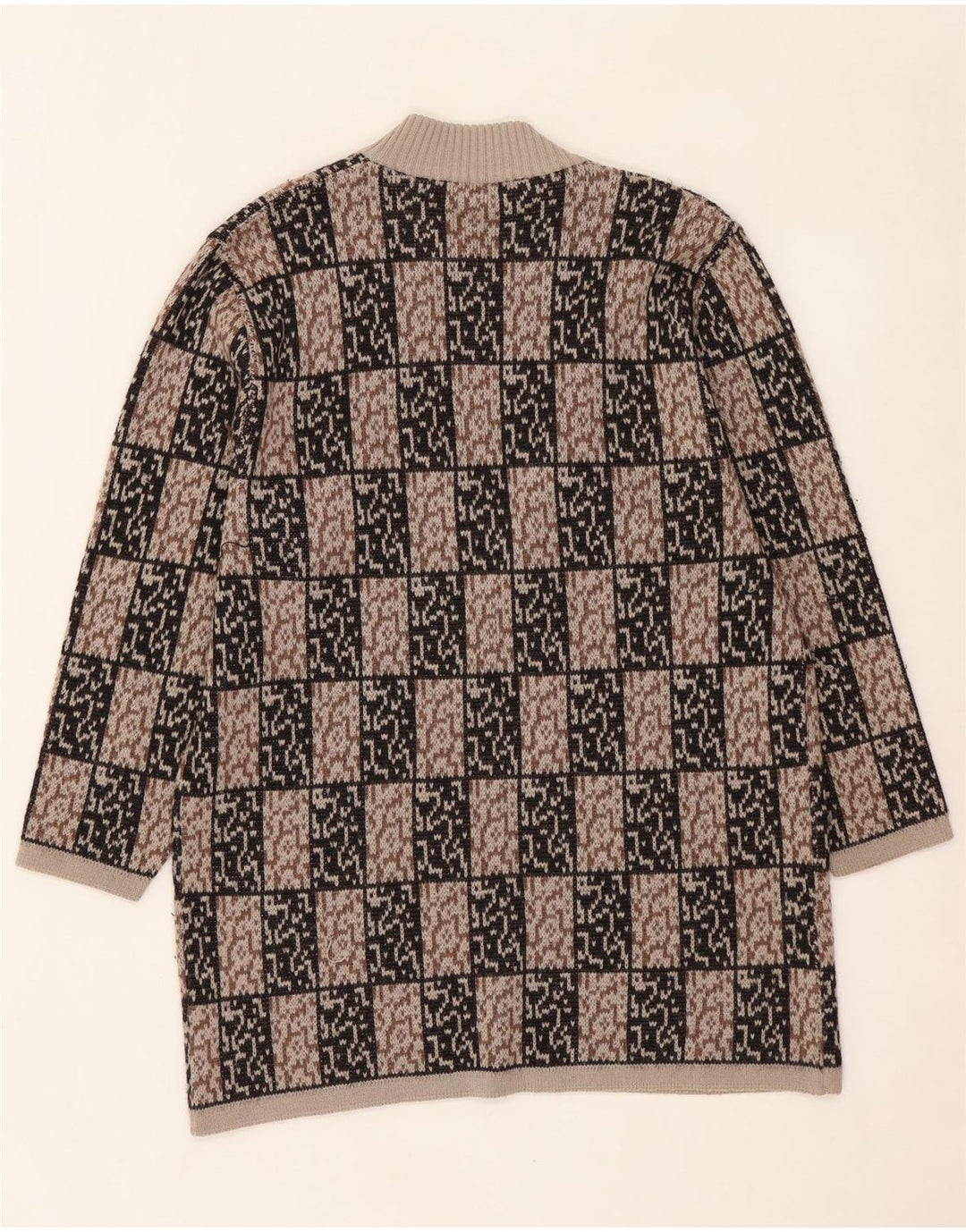 VINTAGE Dame Longline Åben Cardigan Sweater IT 44 Medium Brun Geometrisk