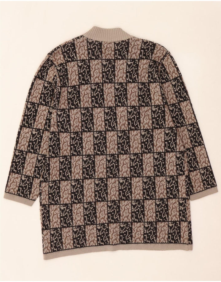 VINTAGE Dame Longline Åben Cardigan Sweater IT 44 Medium Brun Geometrisk