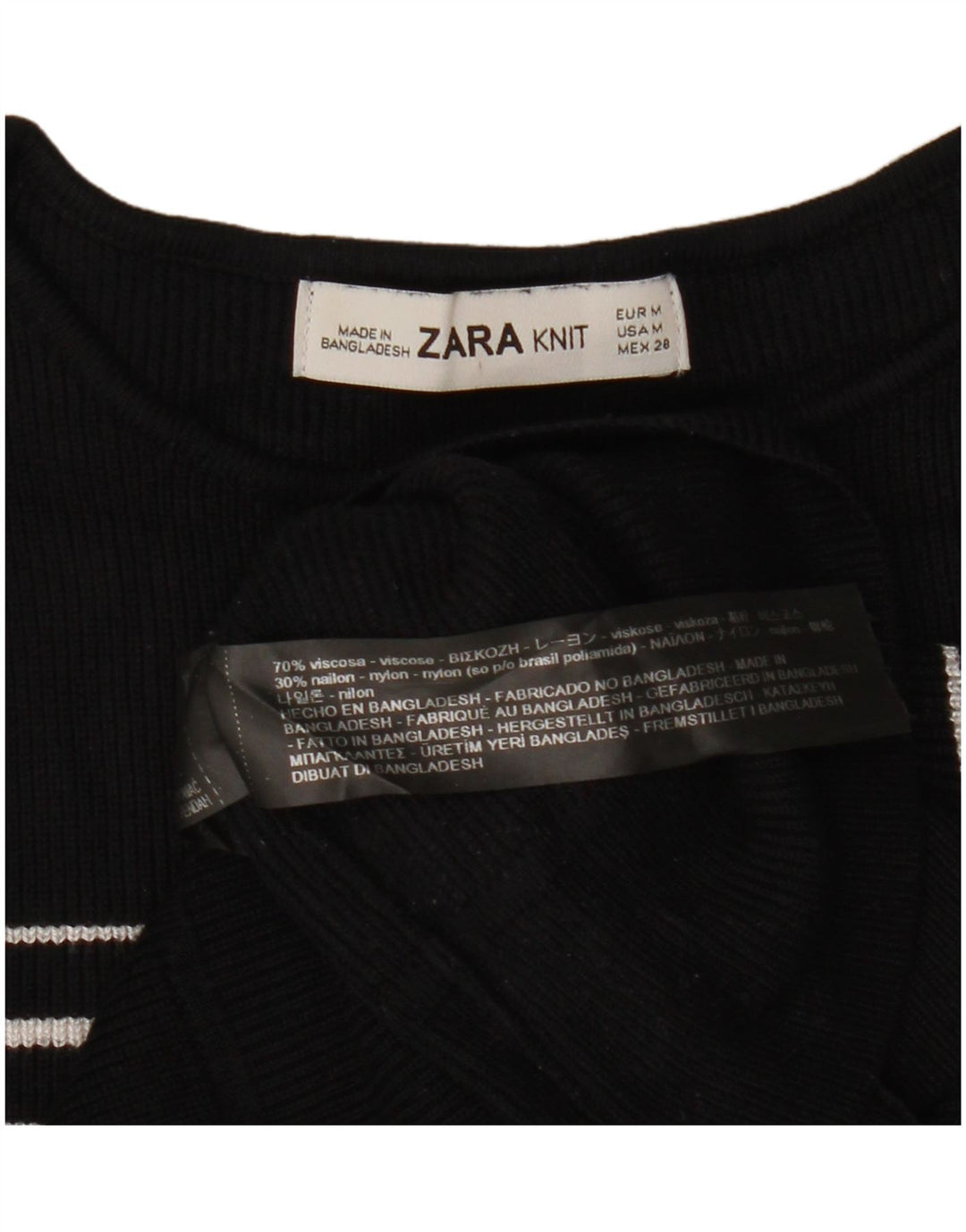 ZARA Dame Crop Boat Neck Jumper Sweater UK 12 Medium Sort Stribet