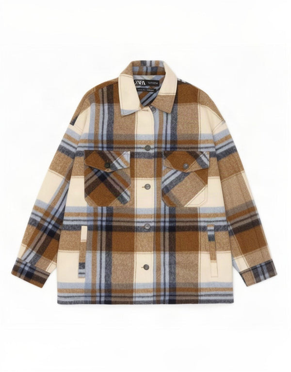 Zara Dame Oversized Oversize Flanell Shirt UK 10 Small Brown Plaid