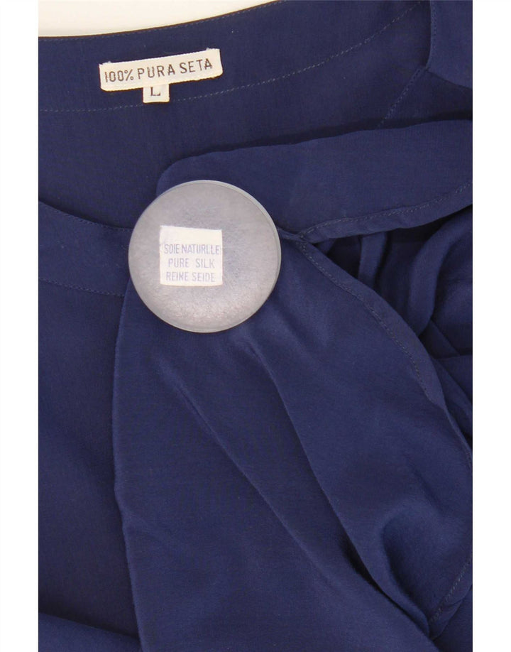 Vintage Dame Se Through Bluse Top UK 16 Large Navy Blue Silk