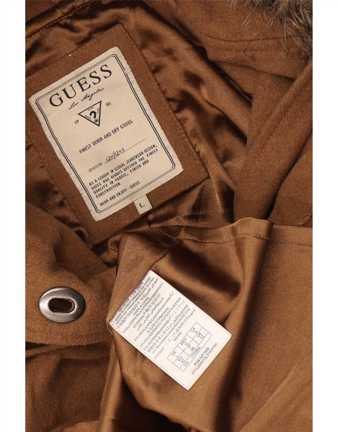 Guess Kort hætteoverfrakke til kvinder UK 12 Medium Beige Uld