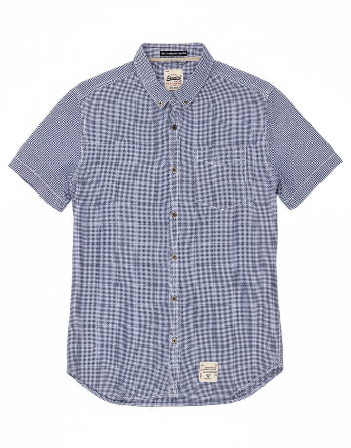SUPERDRY Mens Short Sleeve Shirt Large Blue Gingham Cotton