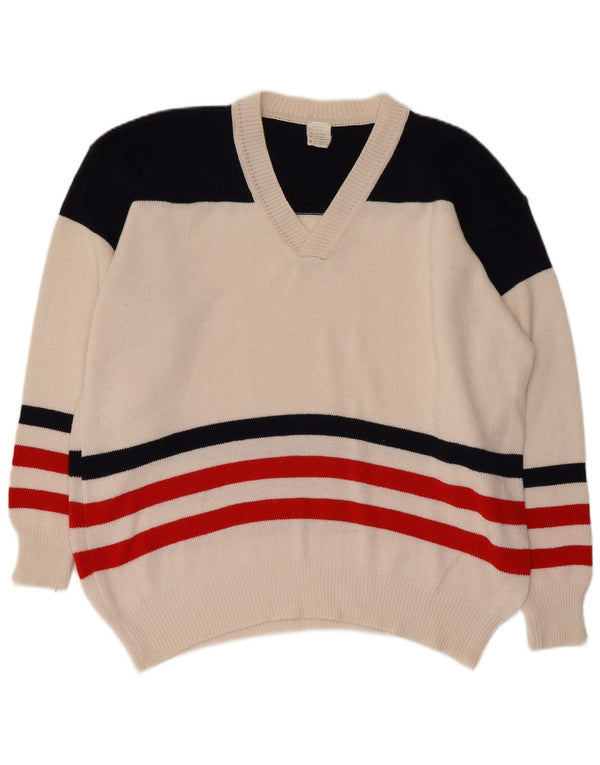 Vintage herre V-hals sweater XL Hvid Colourblock Bomuld